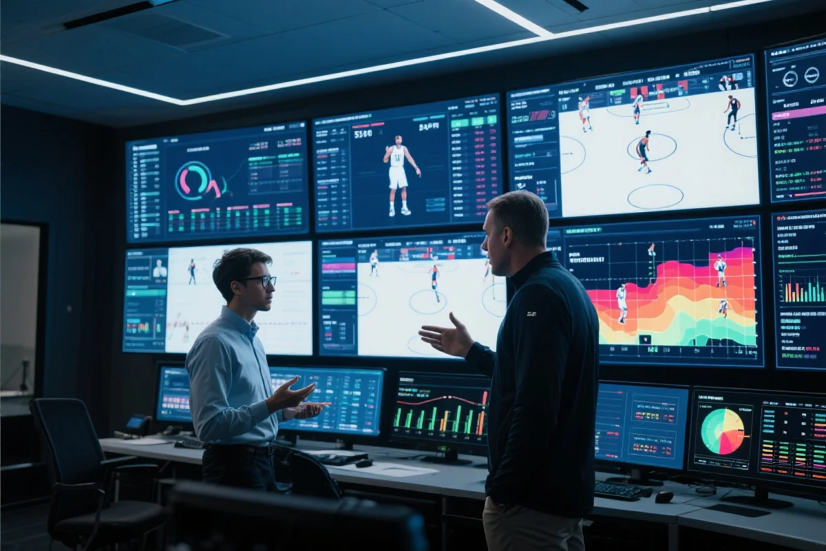 数据科学家和篮球教练在控制室分析比赛数据