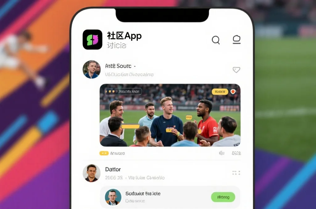 一个现代化体育App的社区讨论区界面，用户们在热烈交流赛事话题，界面充满活力与多样头像
